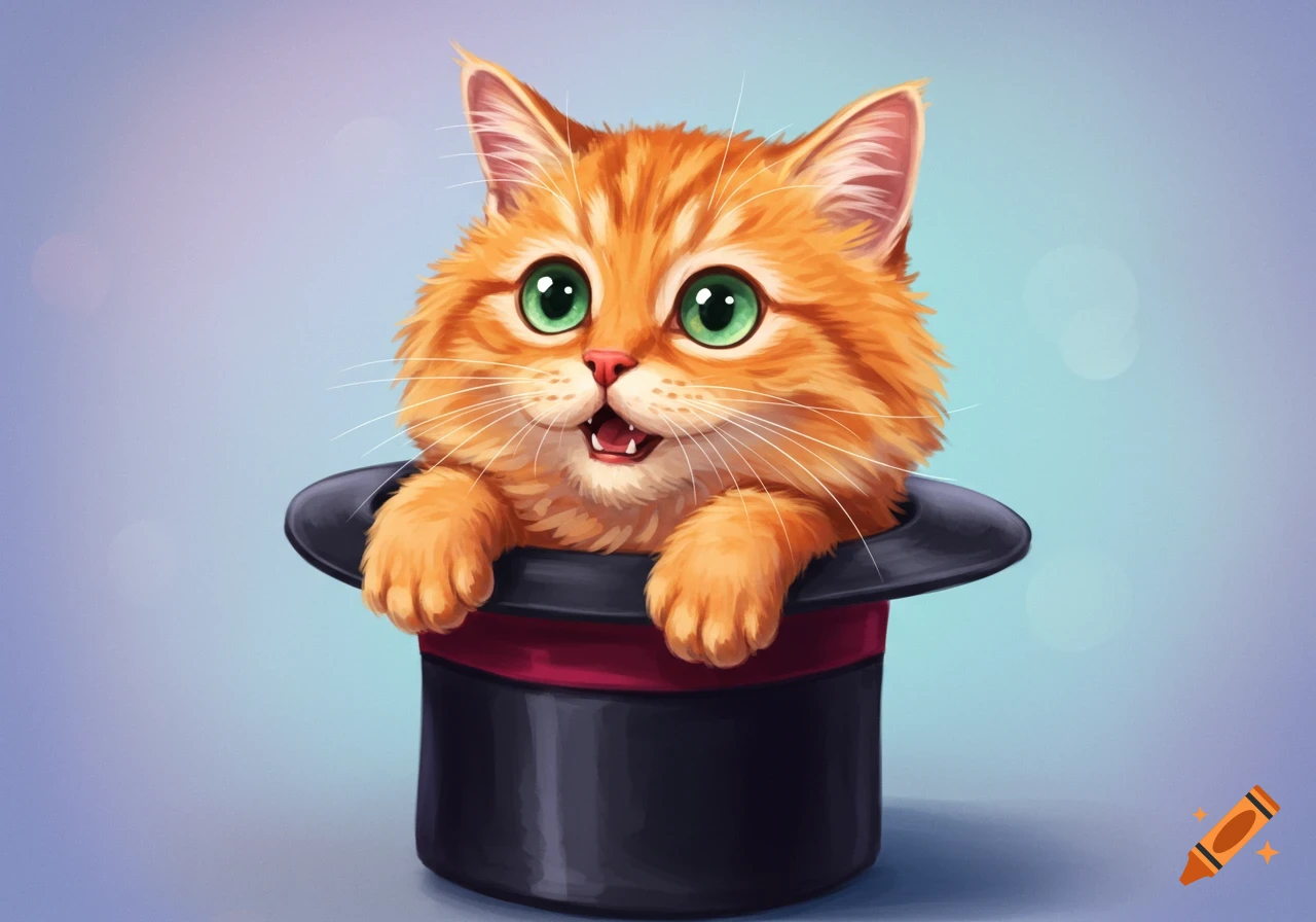 An orange tabby cat with green eyes peering out of a black top hat.