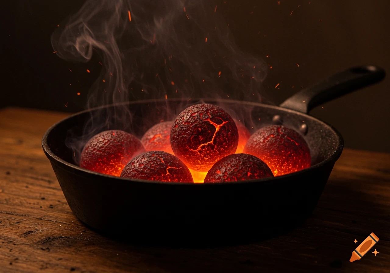 Molten lava rock balls smoking in an iron skillet, cinematic photo