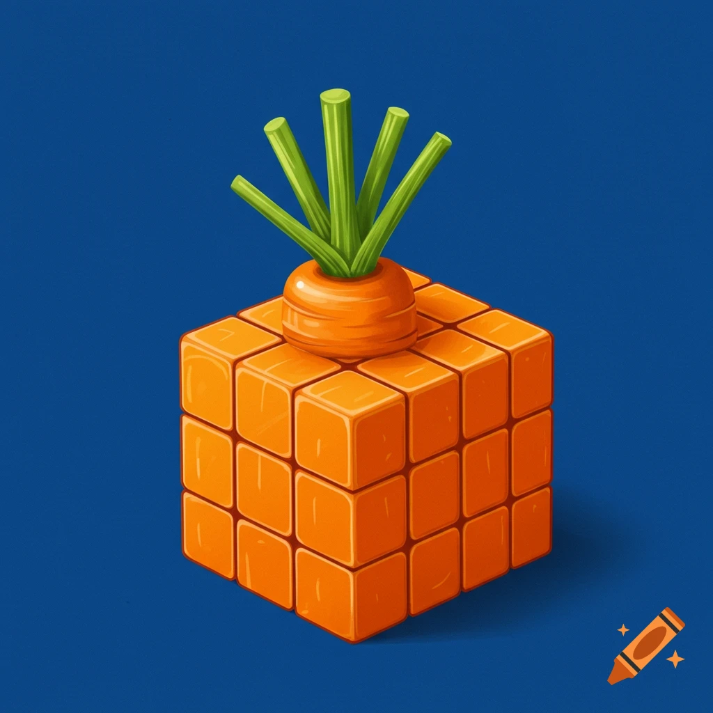 An orange Rubik's cube with a carrot top rests against a blue background.
