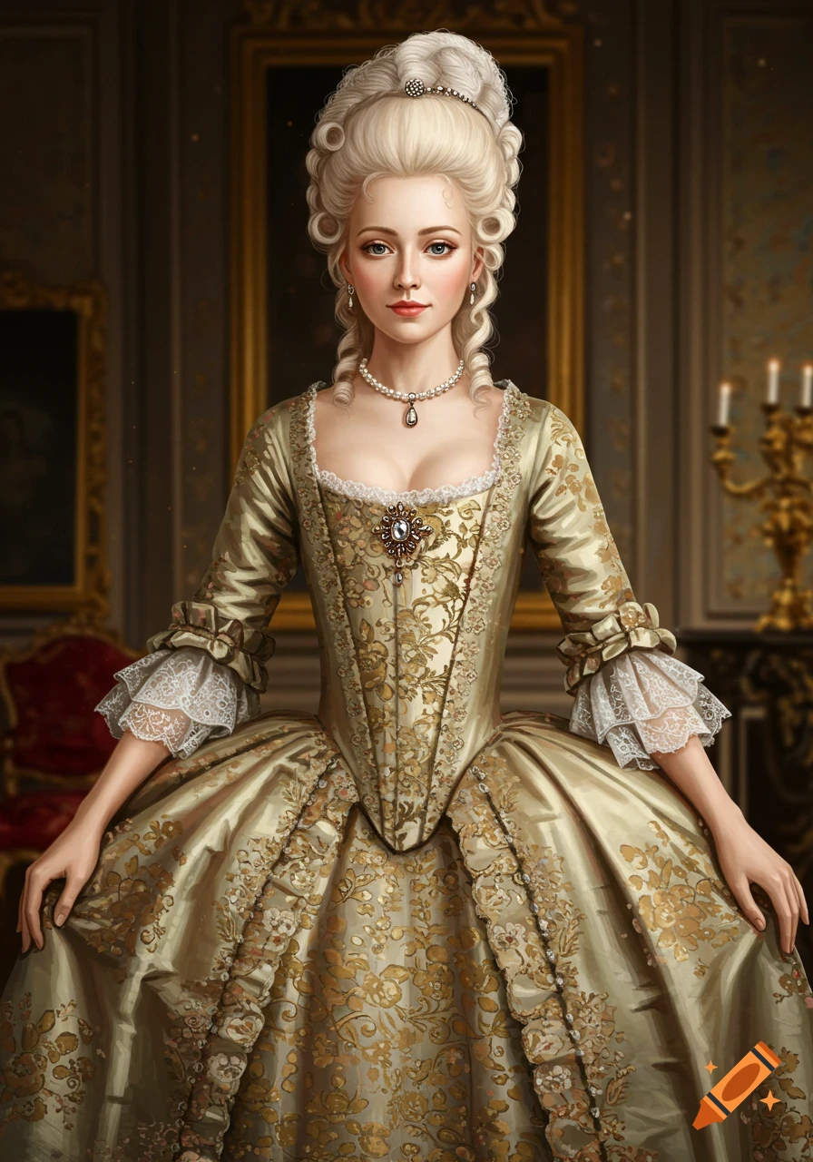 Digital portrait of a woman in elaborate 18th-century style dress and hairstyle.