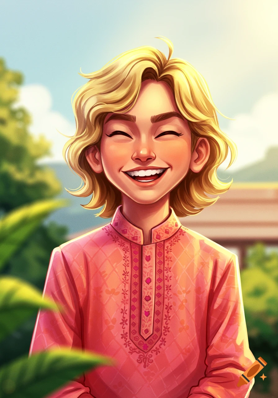 Illustration of a young boy with blonde hair smiling, wearing a pink Indian kurta.
