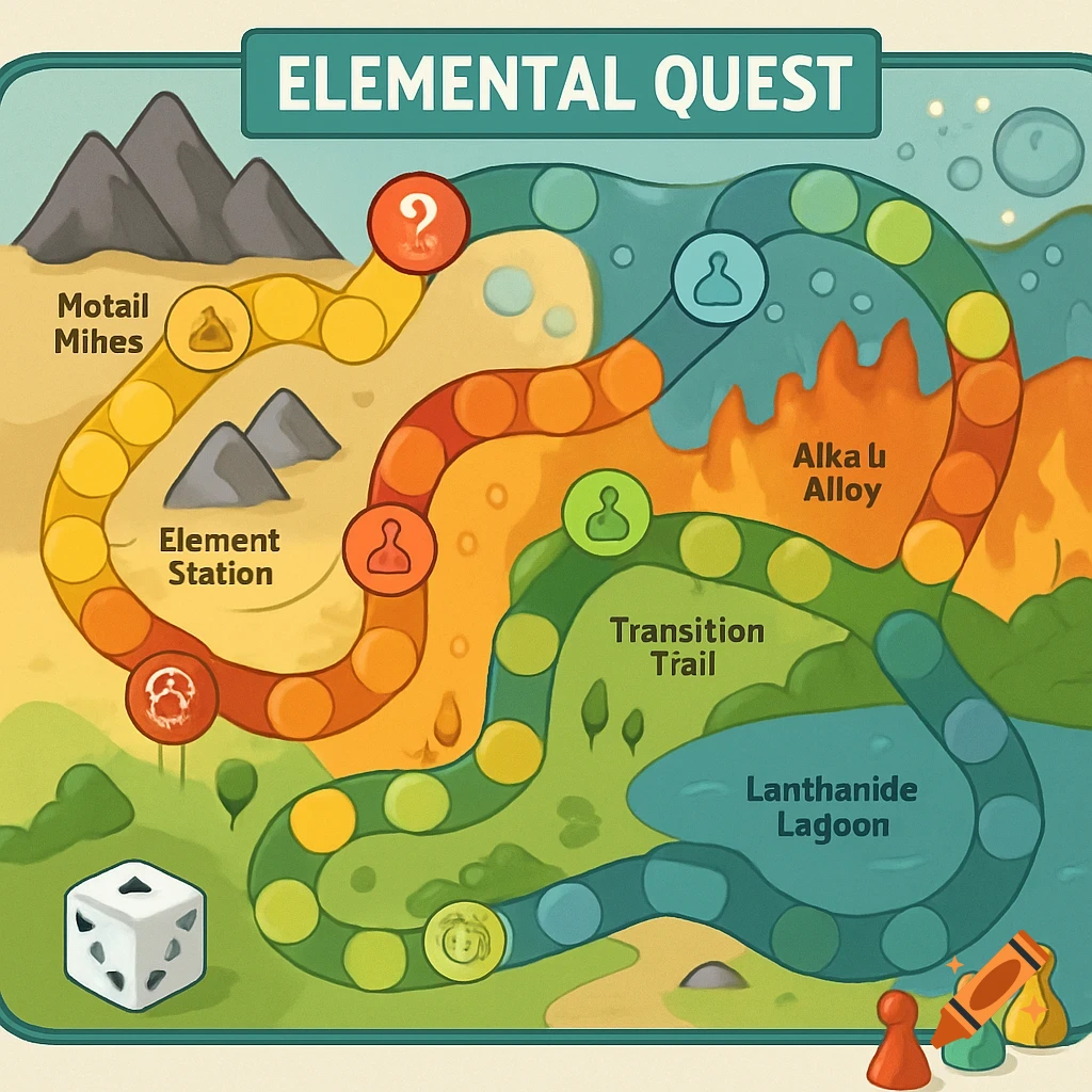 Illustration of a colorful board game titled 'Elemental Quest' with winding paths, different zones, pawns, and a dice.