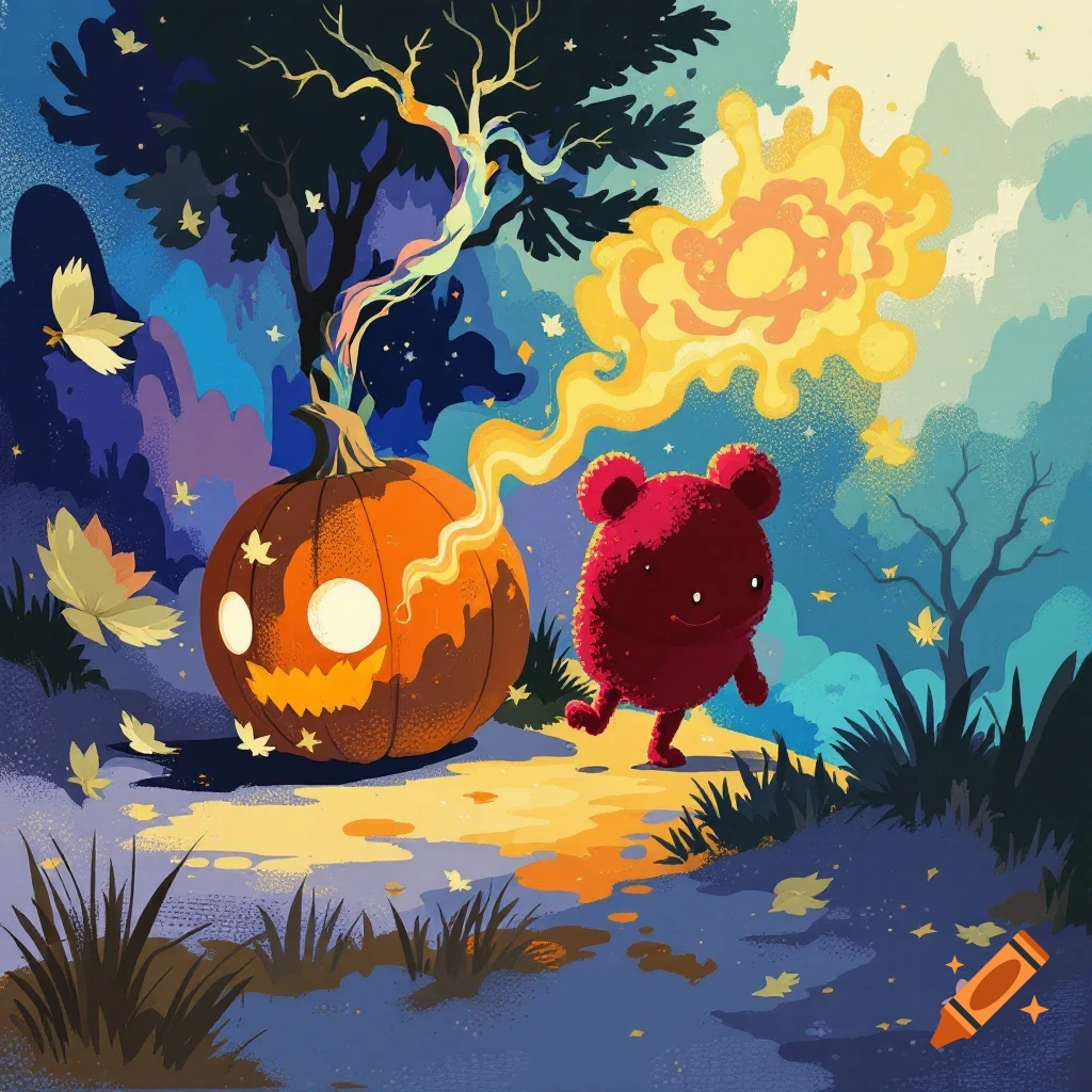 A stylized fantasy illustration of a grinning jack-o'-lantern and a small red creature walking through a forest scene with colorful clouds and falling leaves.