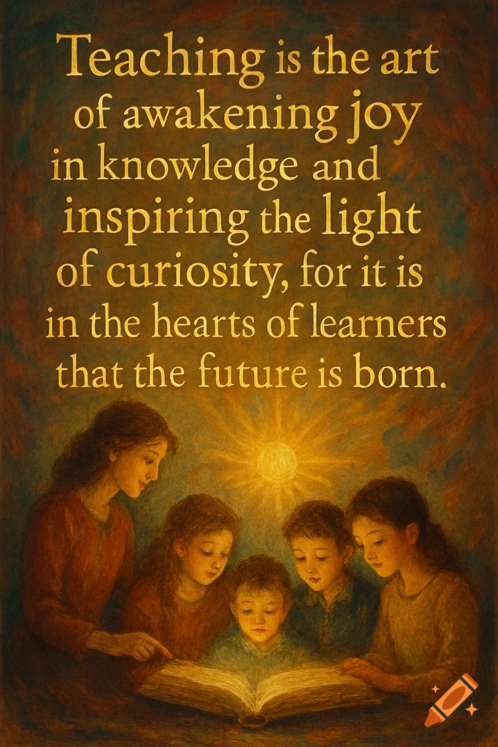 A teacher and children reading a book under a golden light, with inspirational text above them.