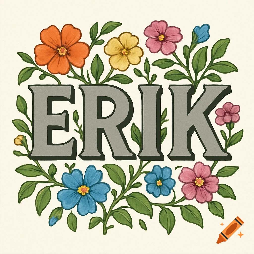 The word ERIK surrounded by colorful flowers and leaves.