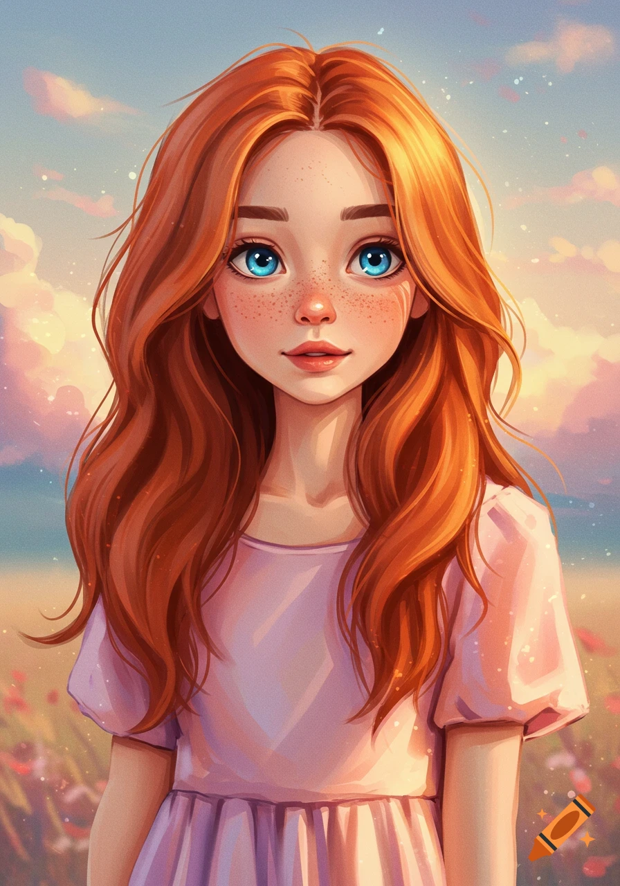 A young girl with long red hair and blue eyes.
