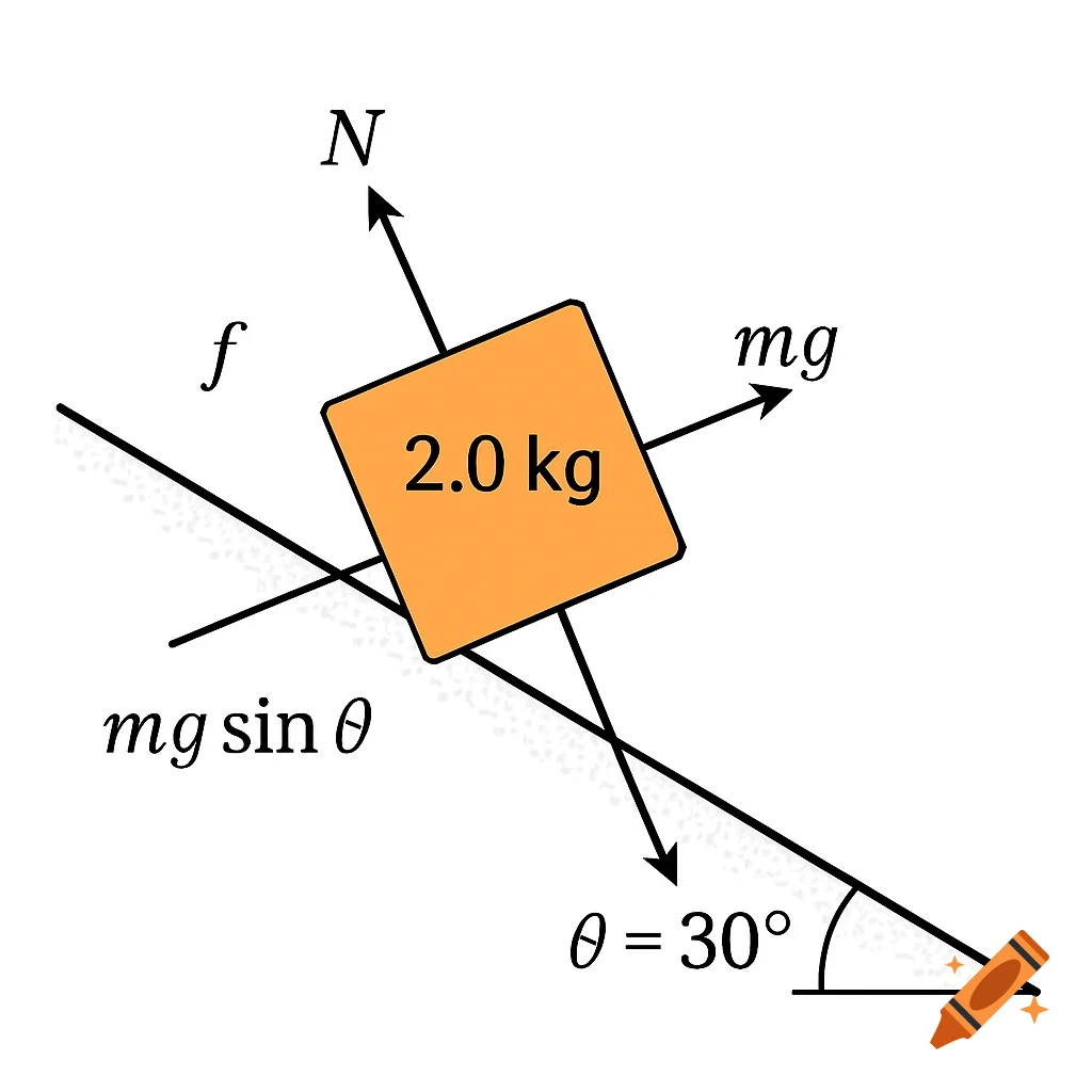 Free-Body Diagram of a 2.0 kg block on a 30-degree inclined plane showing normal force, friction, gravity, and gravity component.