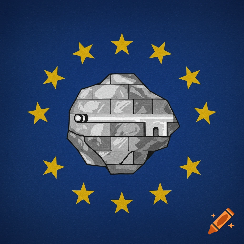 Flag design with yellow stars on blue surrounding a grey rock emblem with a white key.