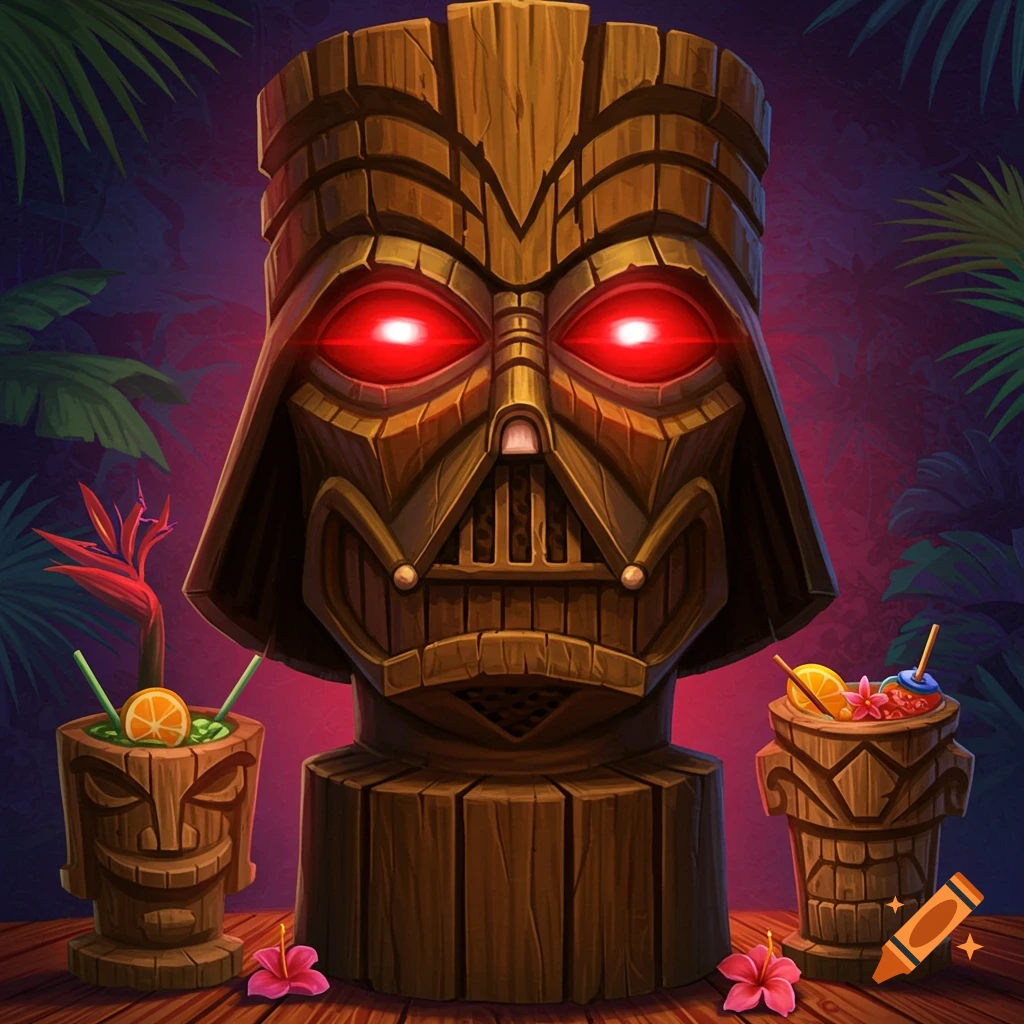 A Darth Vader helmet-shaped tiki statue with glowing red eyes, flanked by cocktail filled tiki mugs in a jungle scene.