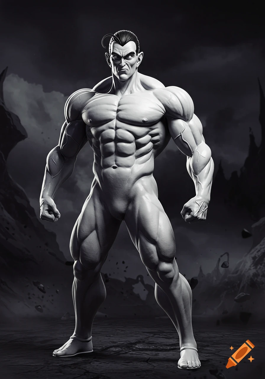 Heavily muscled dark-skinned character in a barren landscape, baki art style.