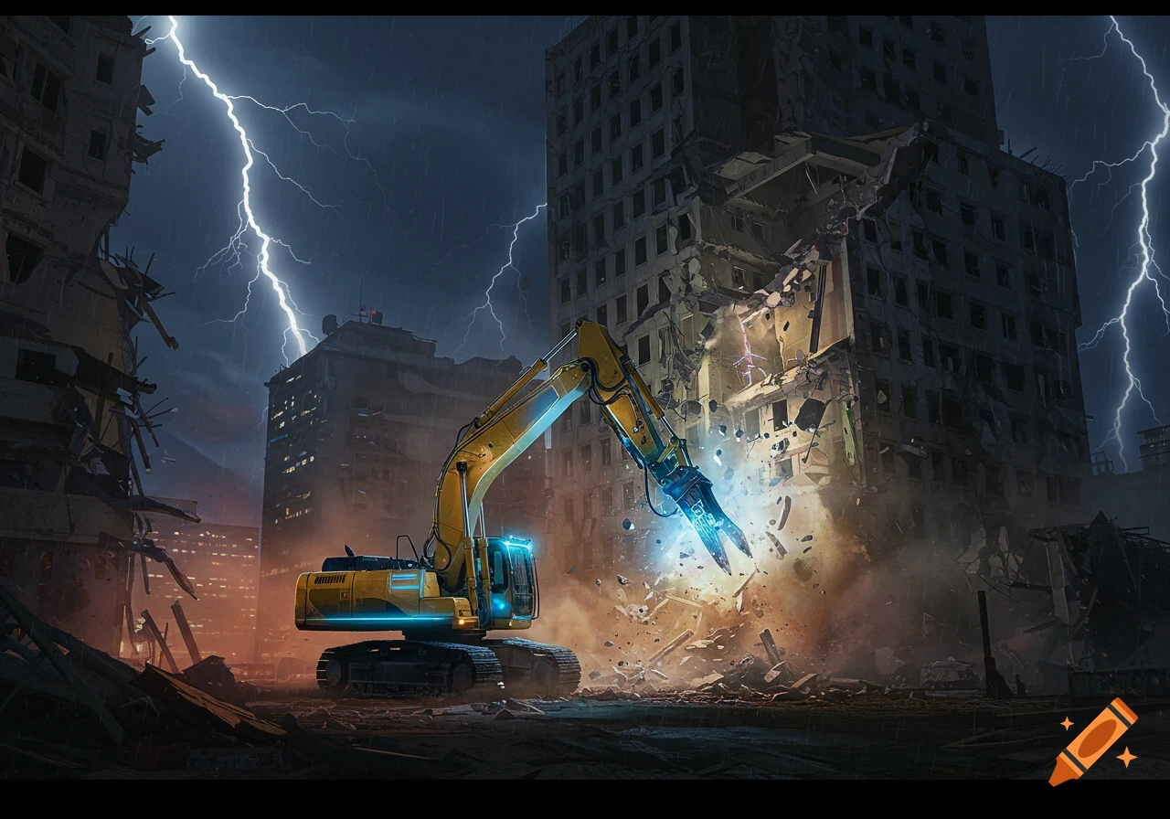A yellow excavator demolishing a building during a lightning storm.