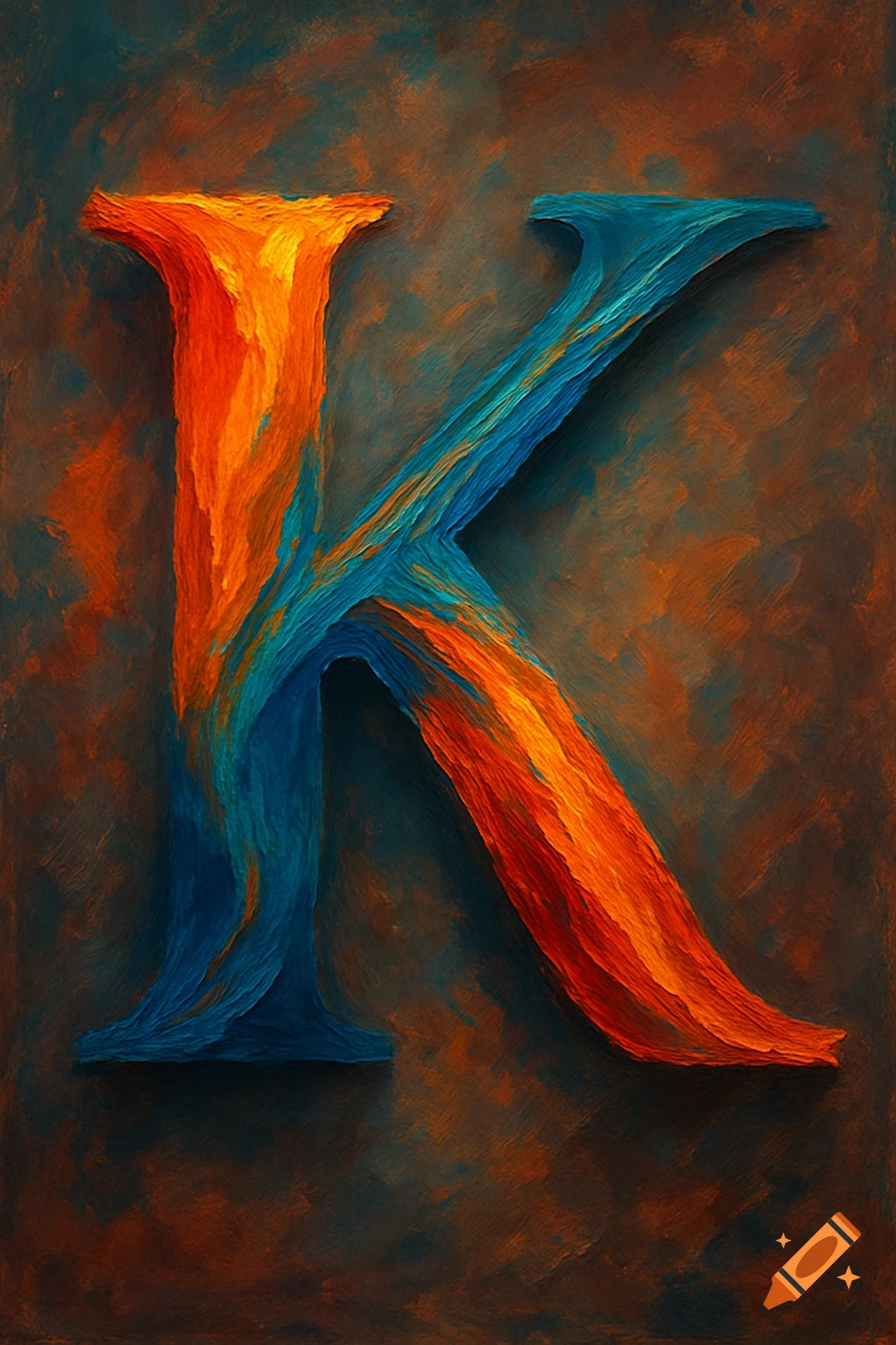 A stylized image of the letter K in orange and blue.