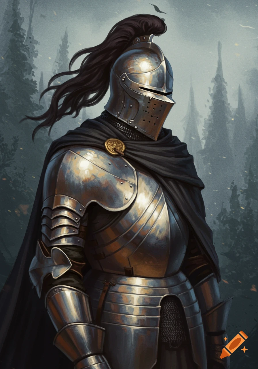 A heavily armored knight standing in a forest.