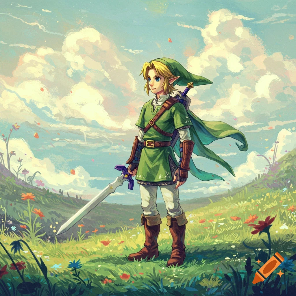 Illustration of Link from The Legend of Zelda in a field with a sword, under a cloudy sky.