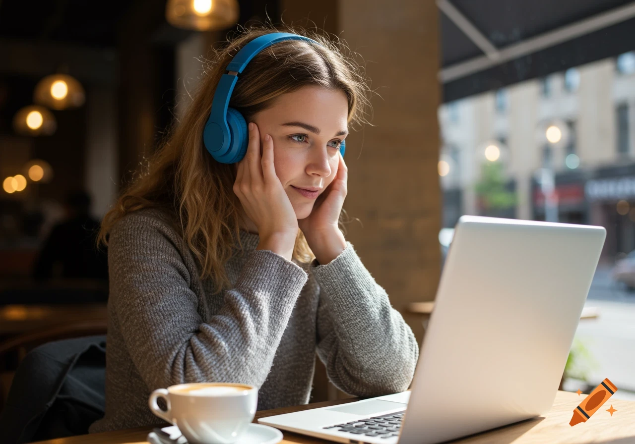 Young woman with blue headphones looking at a laptop in a cafe with a cup of coffee