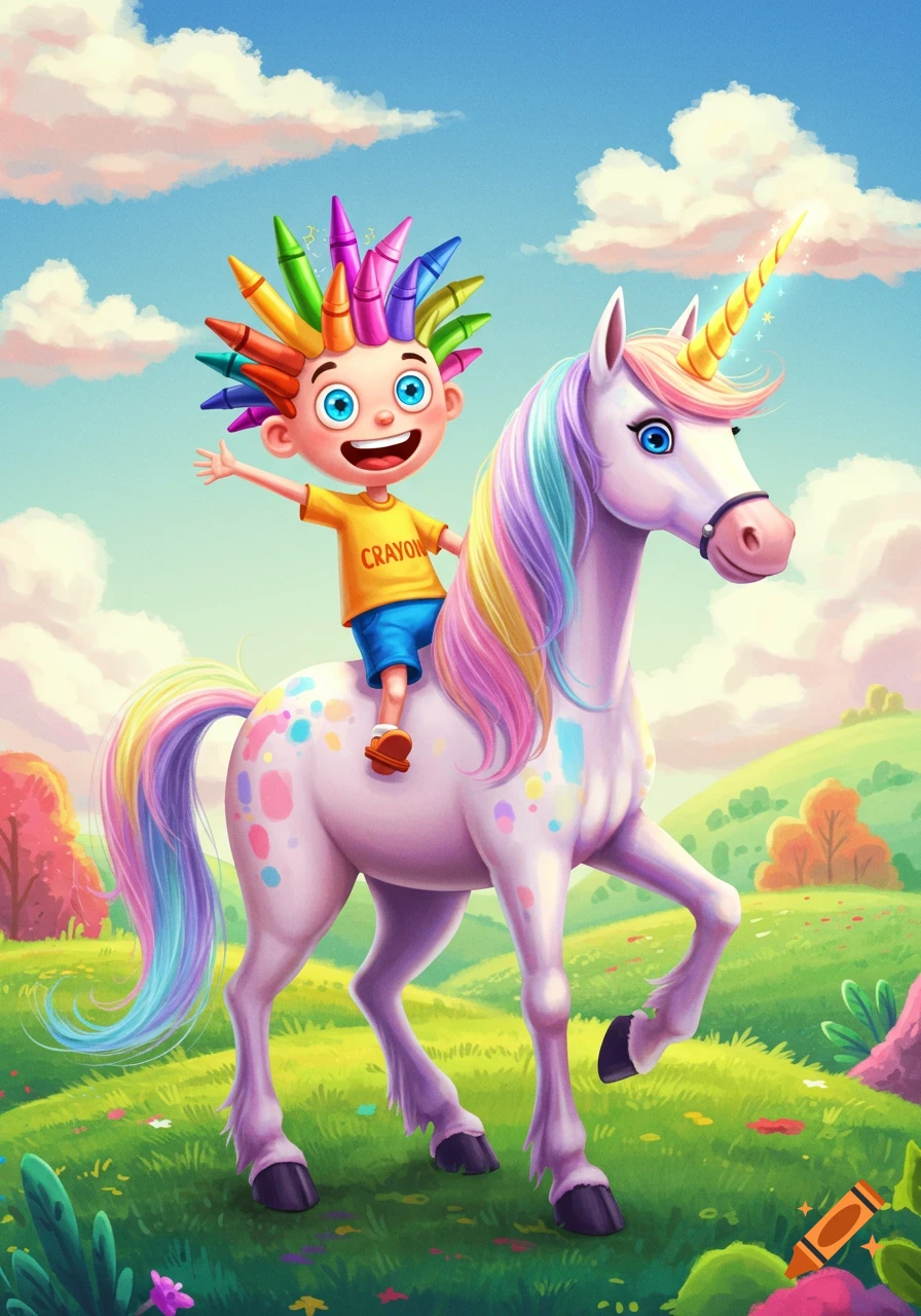 Cartoon boy with crayon hair rides a unicorn in a colorful field.