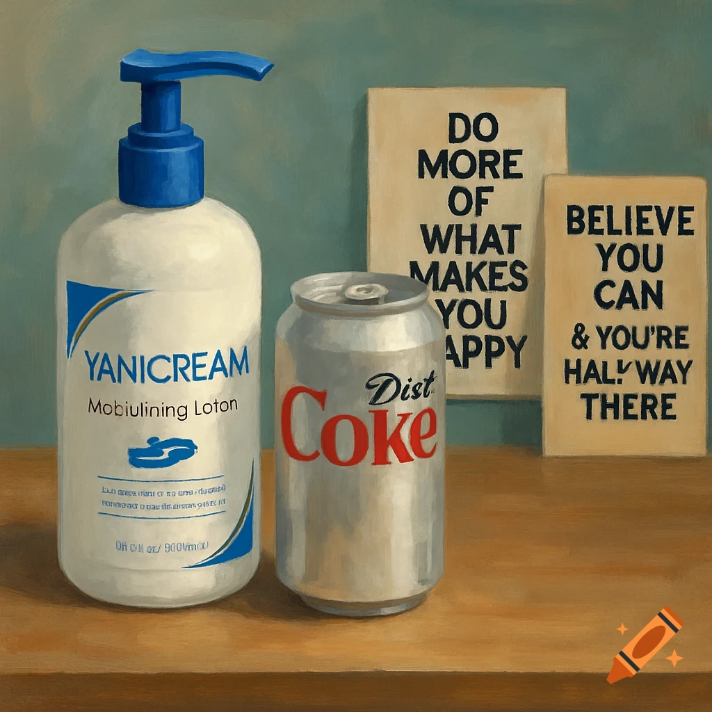A lotion bottle, a soda can, and two inspirational quote signs on a desk.
