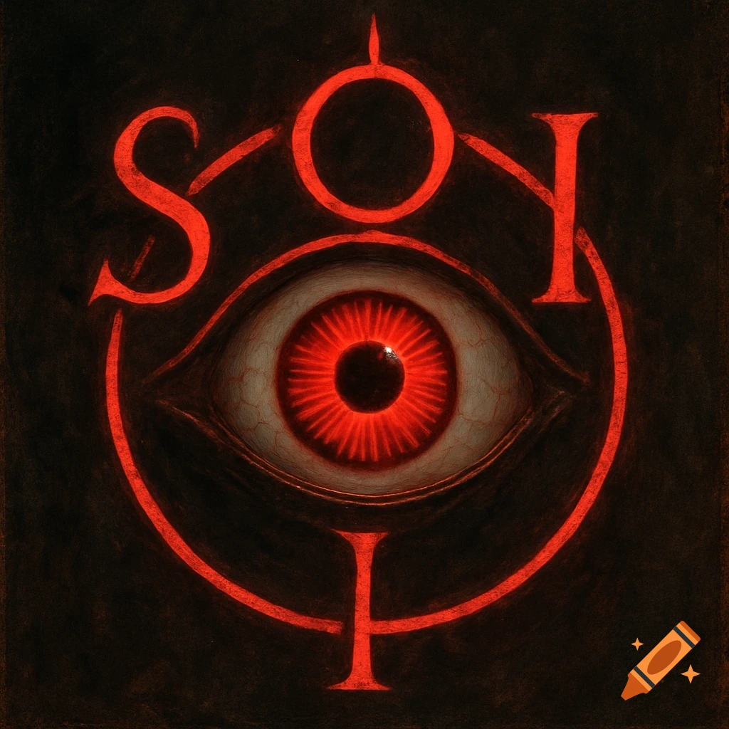 A red glowing eye centered within a stylized symbol made of the letters S, O, and I on a dark background. Occult art style.