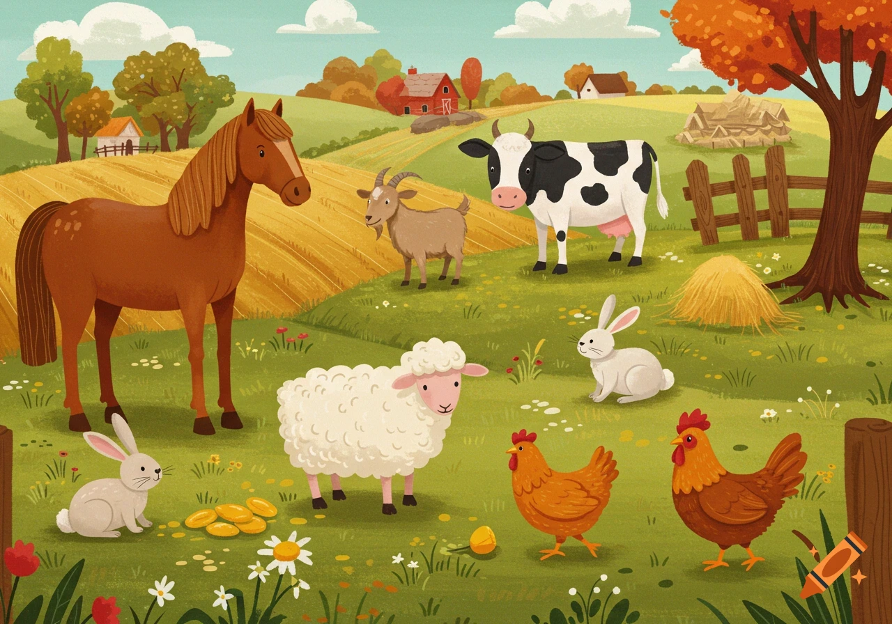 Various farm animals are in a field near a barn.