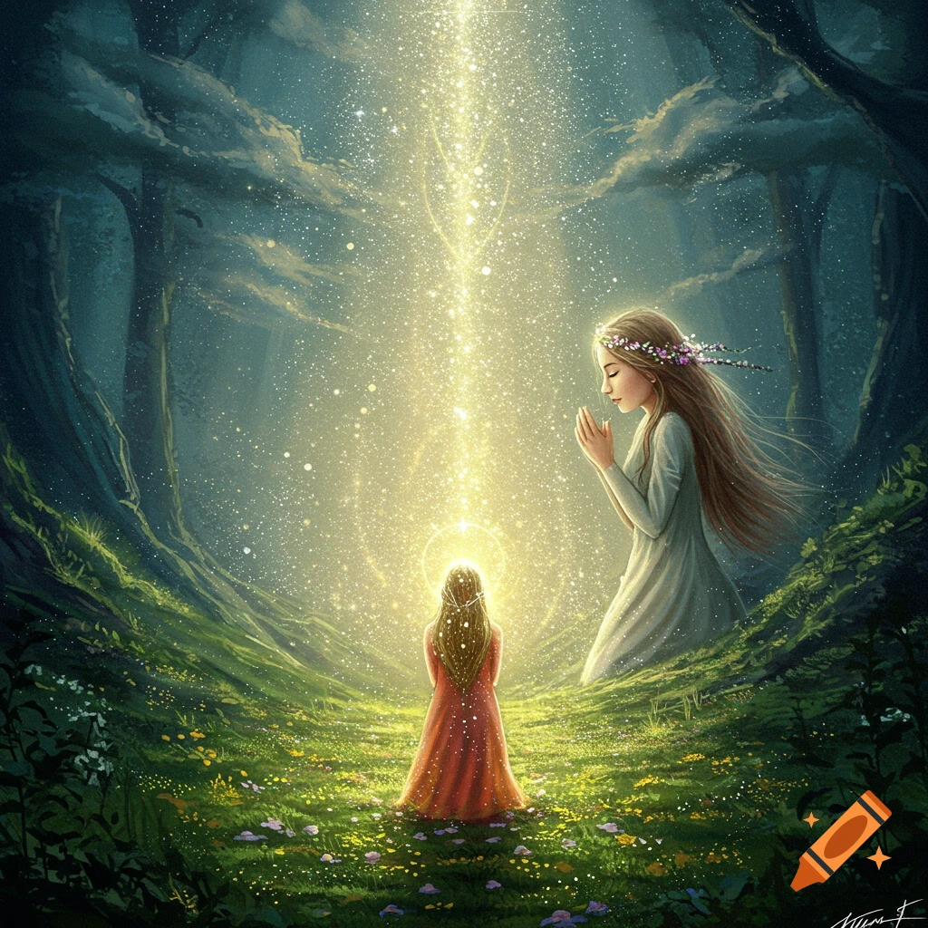 Two women in a glowing forest, one kneeling with hands clasped, the other bowing to a bright light.