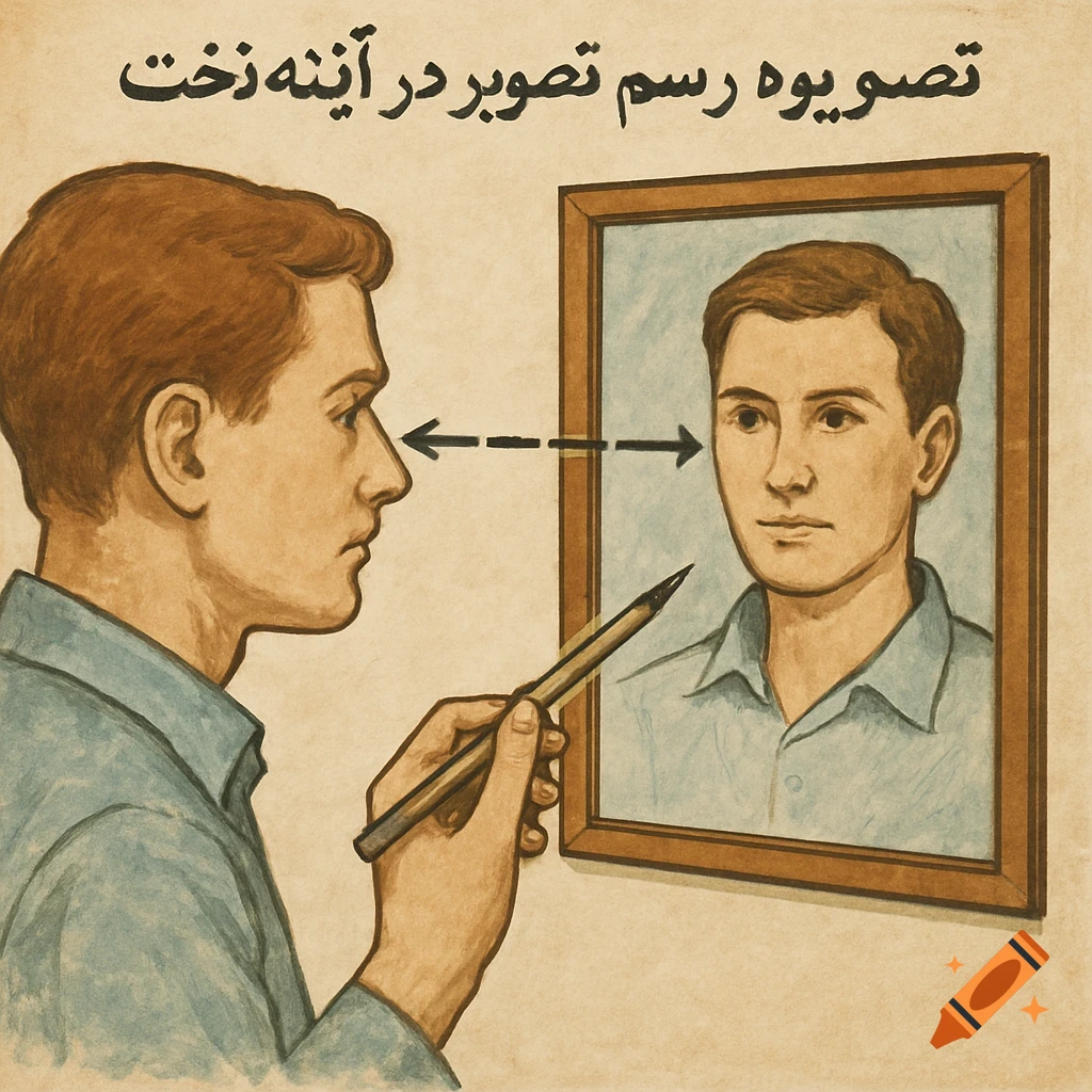 Vintage illustration of a man drawing his reflection in a mirror with a pencil.