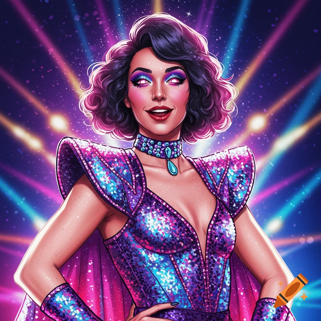 A woman in a sparkling purple and pink disco outfit stands under stage lights.