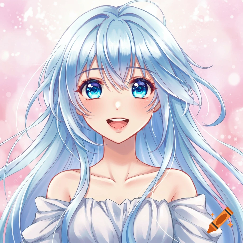Anime girl with blue hair smiling against pink background