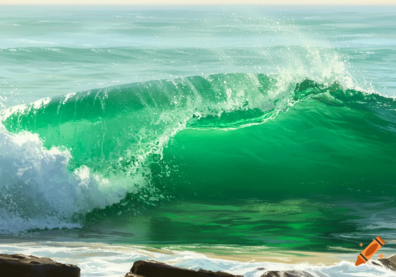 A large green wave breaking near a rocky shore.