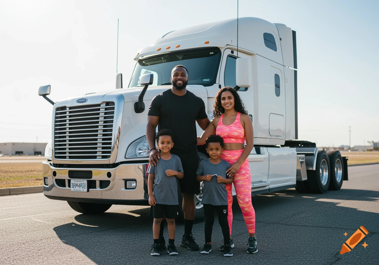 A family of four stands smiling in front of a white semi-truck on a sunny day.