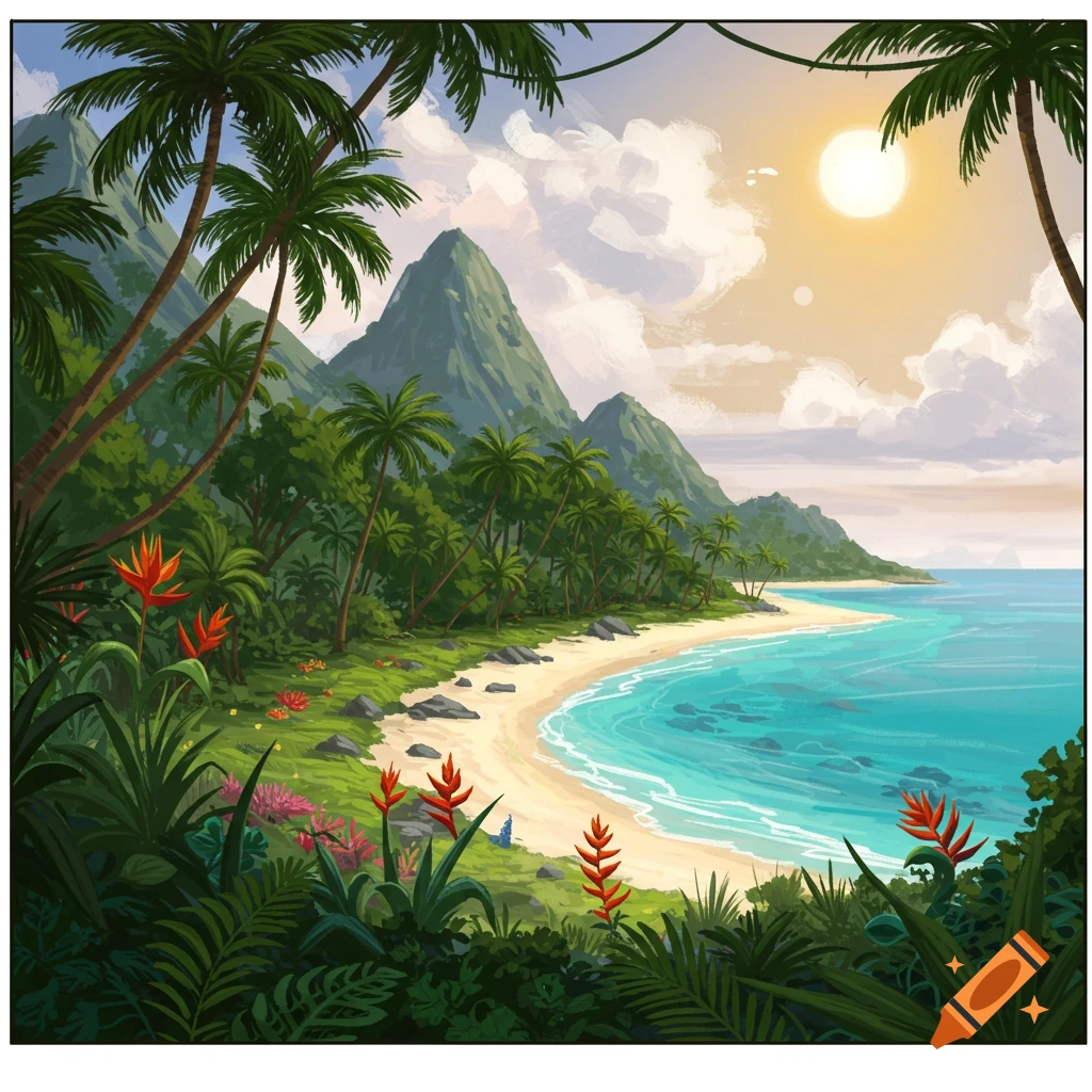 A vibrant illustration of a tropical beach with palm trees, lush foliage, mountains, and clear blue water under a sunny sky.