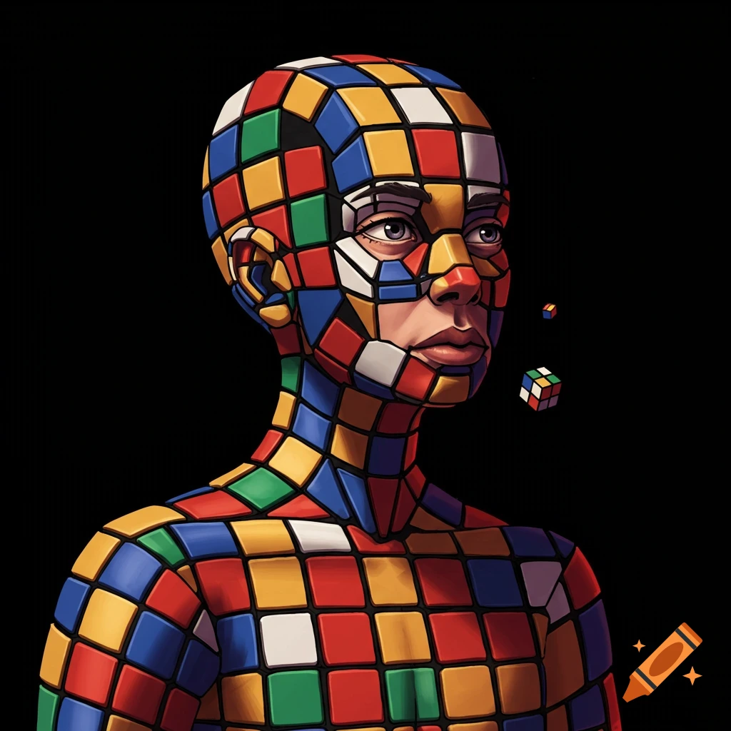 A person is covered in colorful Rubik's Cube squares, with small cubes floating nearby.