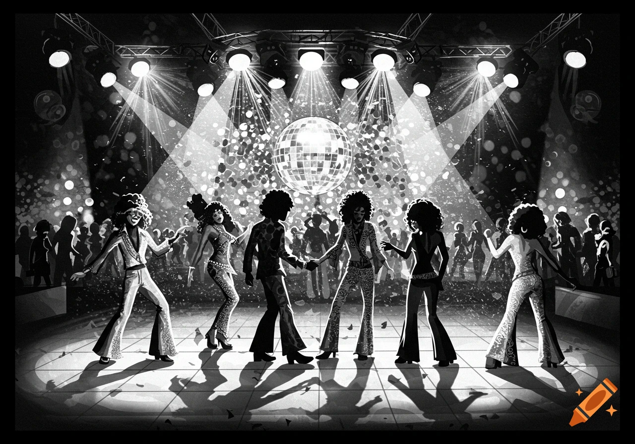 Black and white illustration of people dancing in a 70s disco with a disco ball and spotlights.