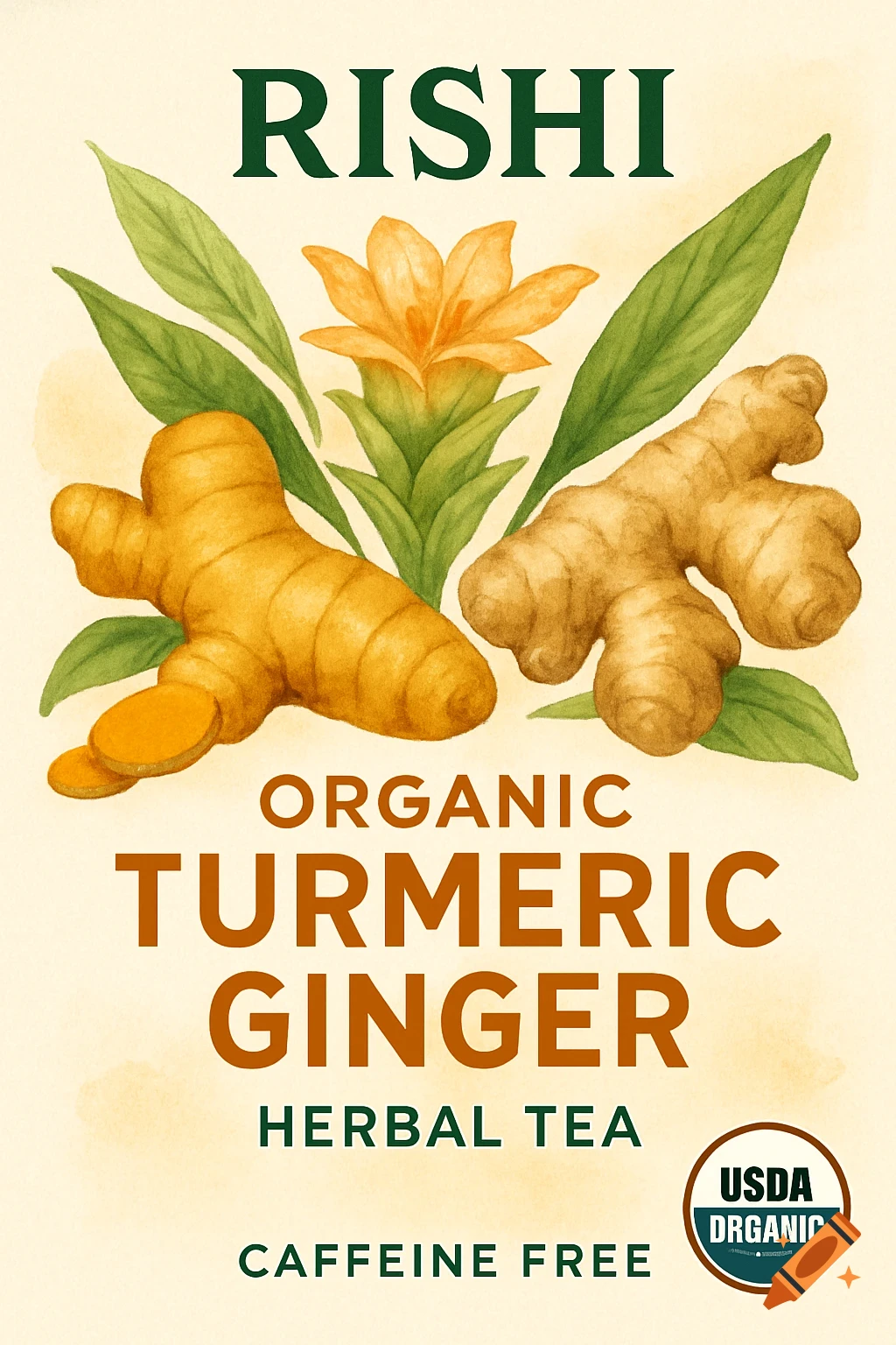 Product label for Rishi Organic Turmeric Ginger Herbal Tea with turmeric and ginger illustrations.