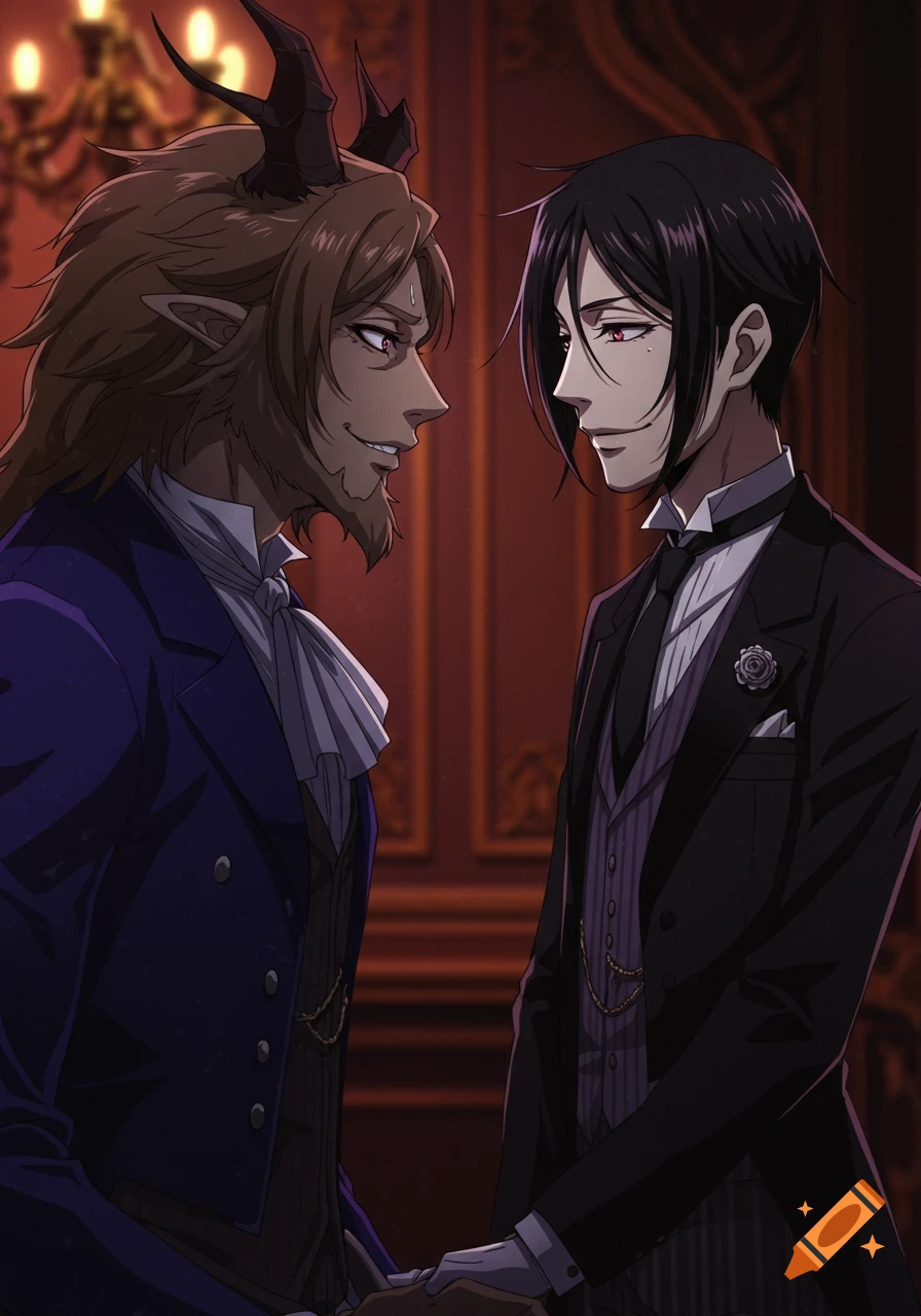 Anime style depiction of a man in a black suit looking at a beast-like figure in a blue suit in a formal setting.