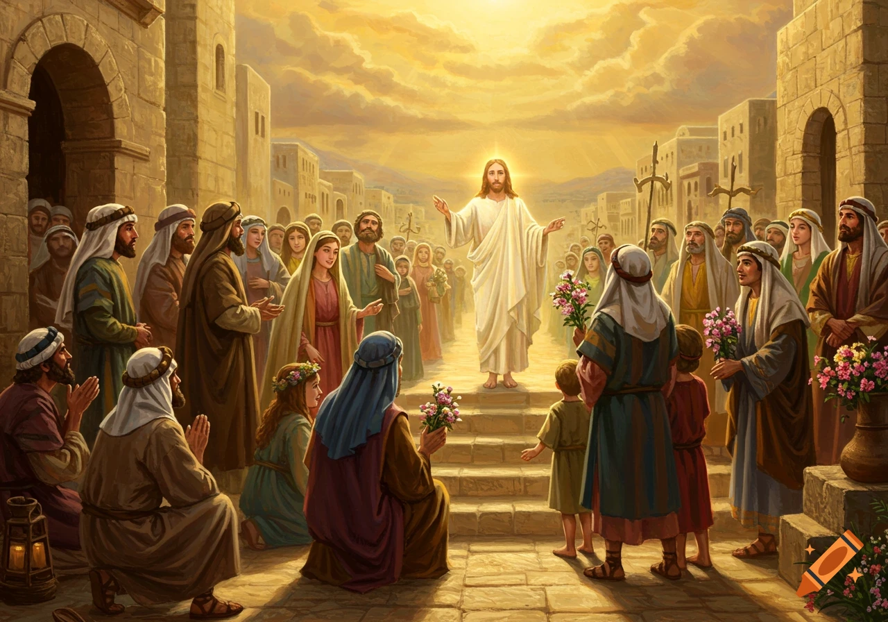 Jesus stands on steps addressing a crowd of people in ancient robes and head coverings in a city street.