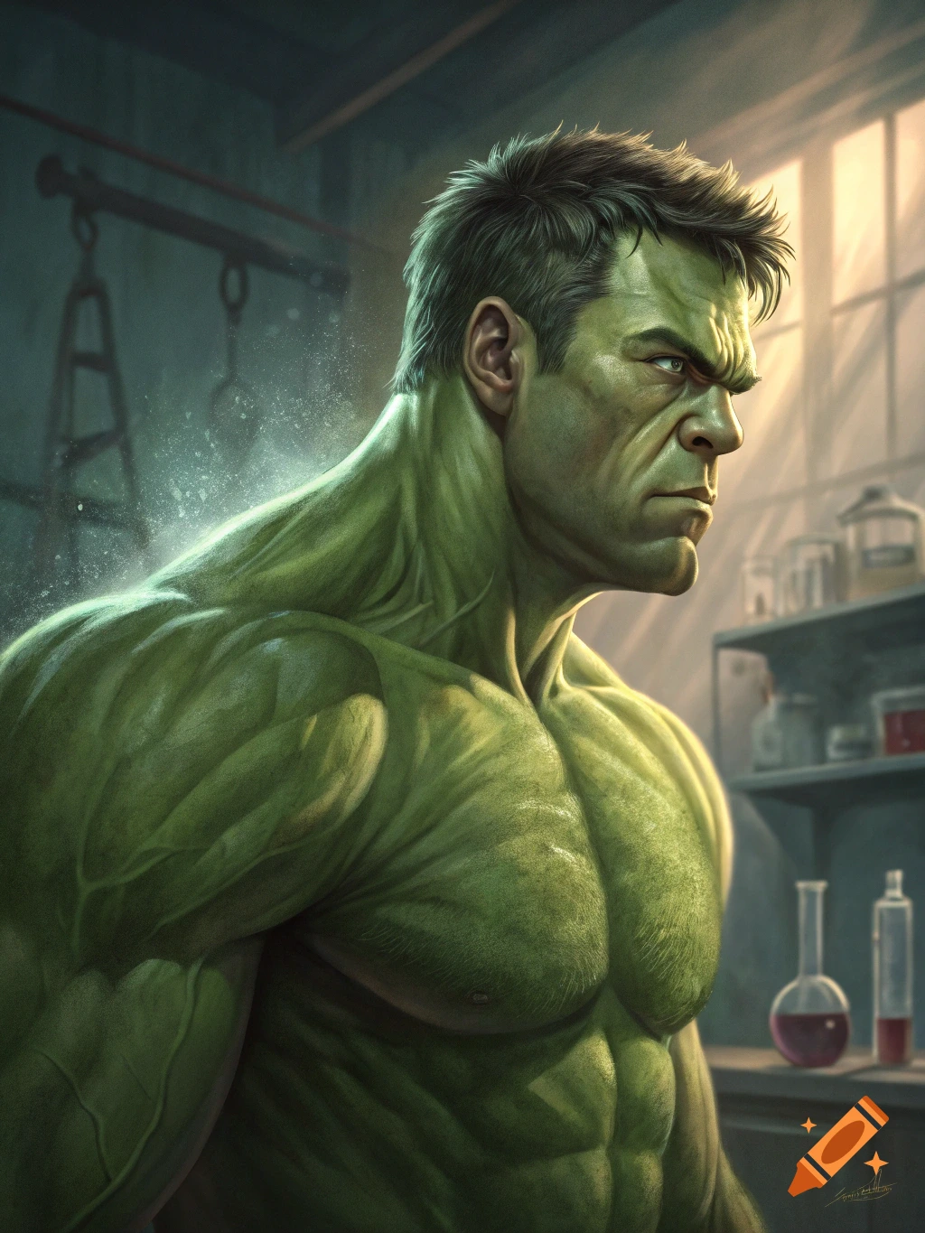 Detailed portrait of the Hulk in a laboratory setting.