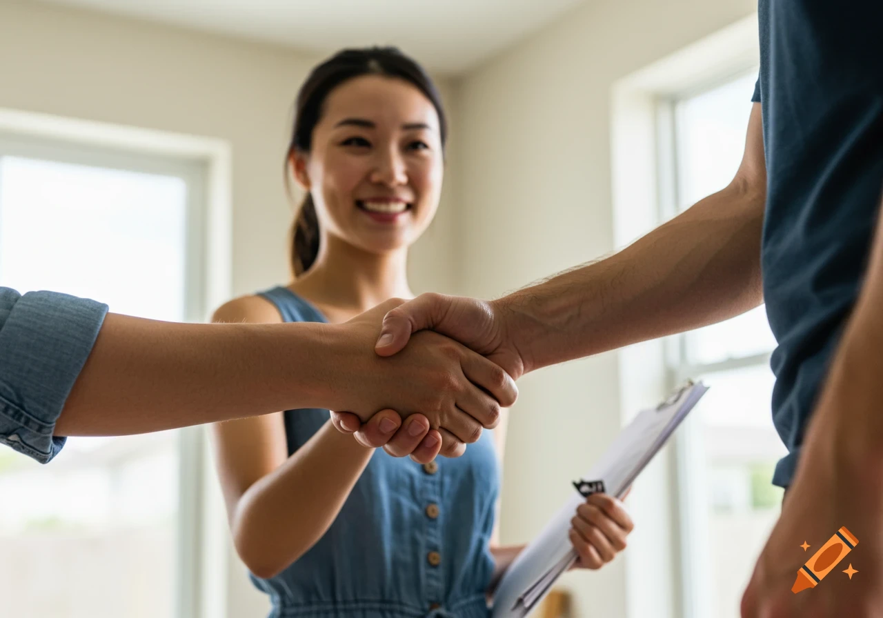 A woman in a blue dress smiles while shaking hands with two people, holding papers on a clipboard.