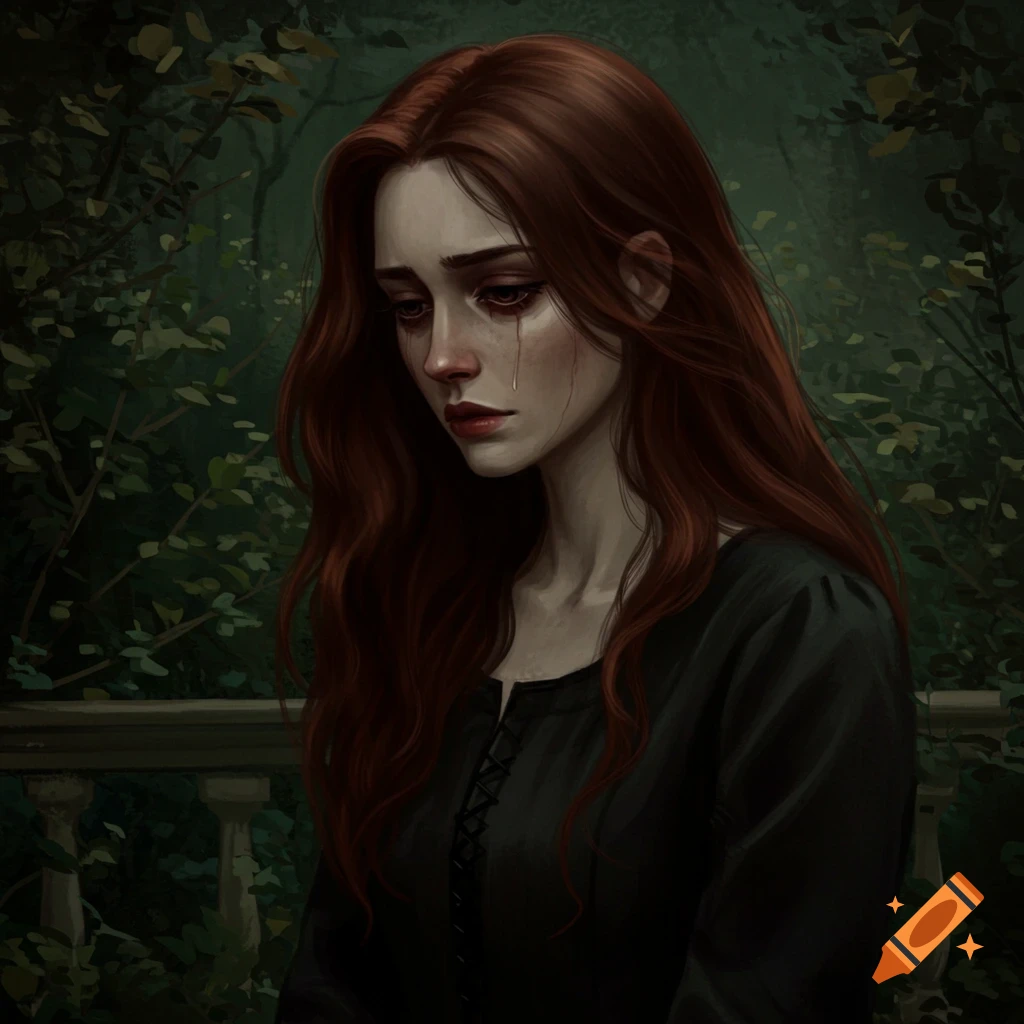 A sad woman with long red hair is crying