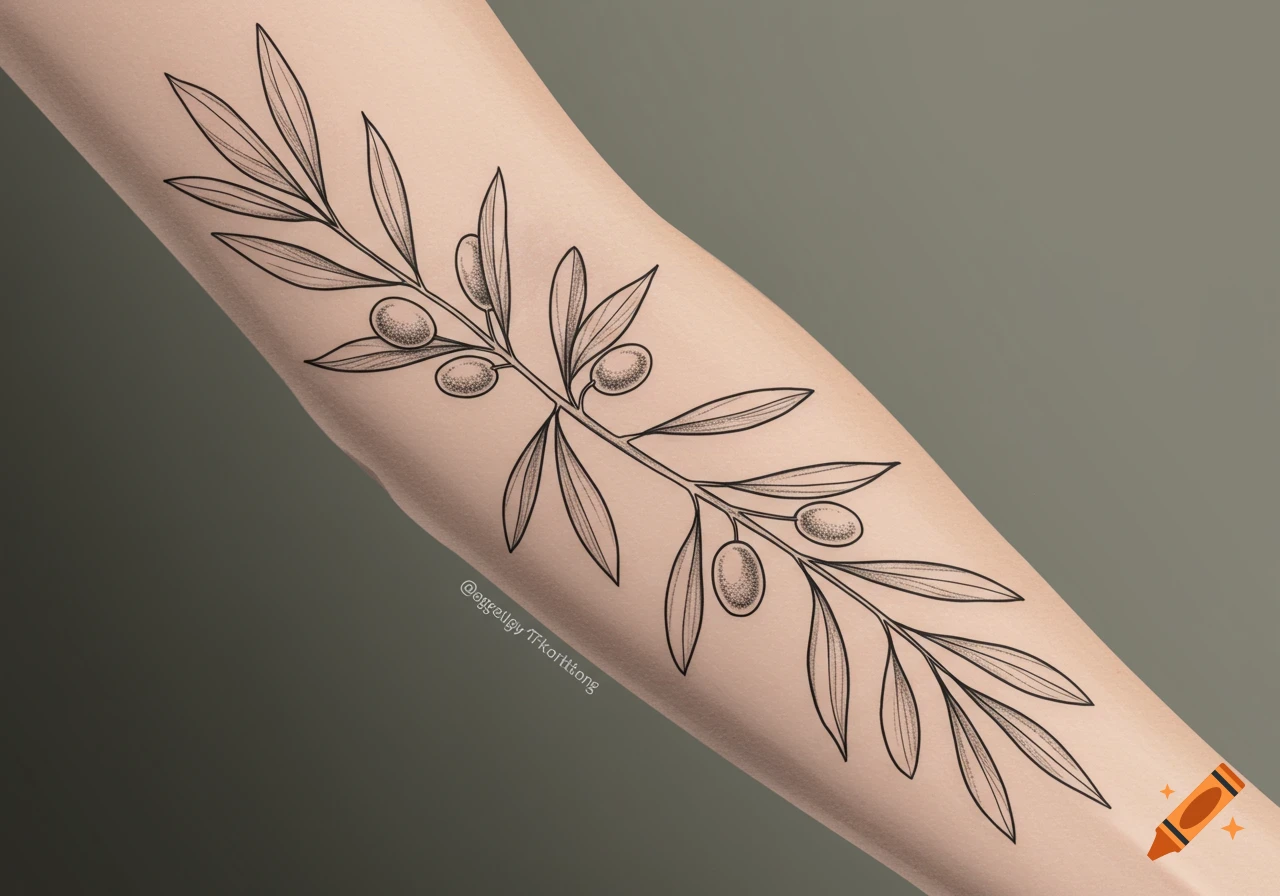 Black ink illustration of an olive branch tattoo on an arm