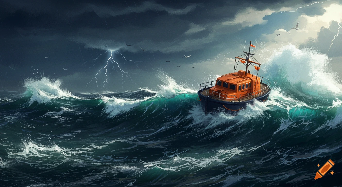 An orange lifeboat navigates through large waves during a stormy sea with lightning.