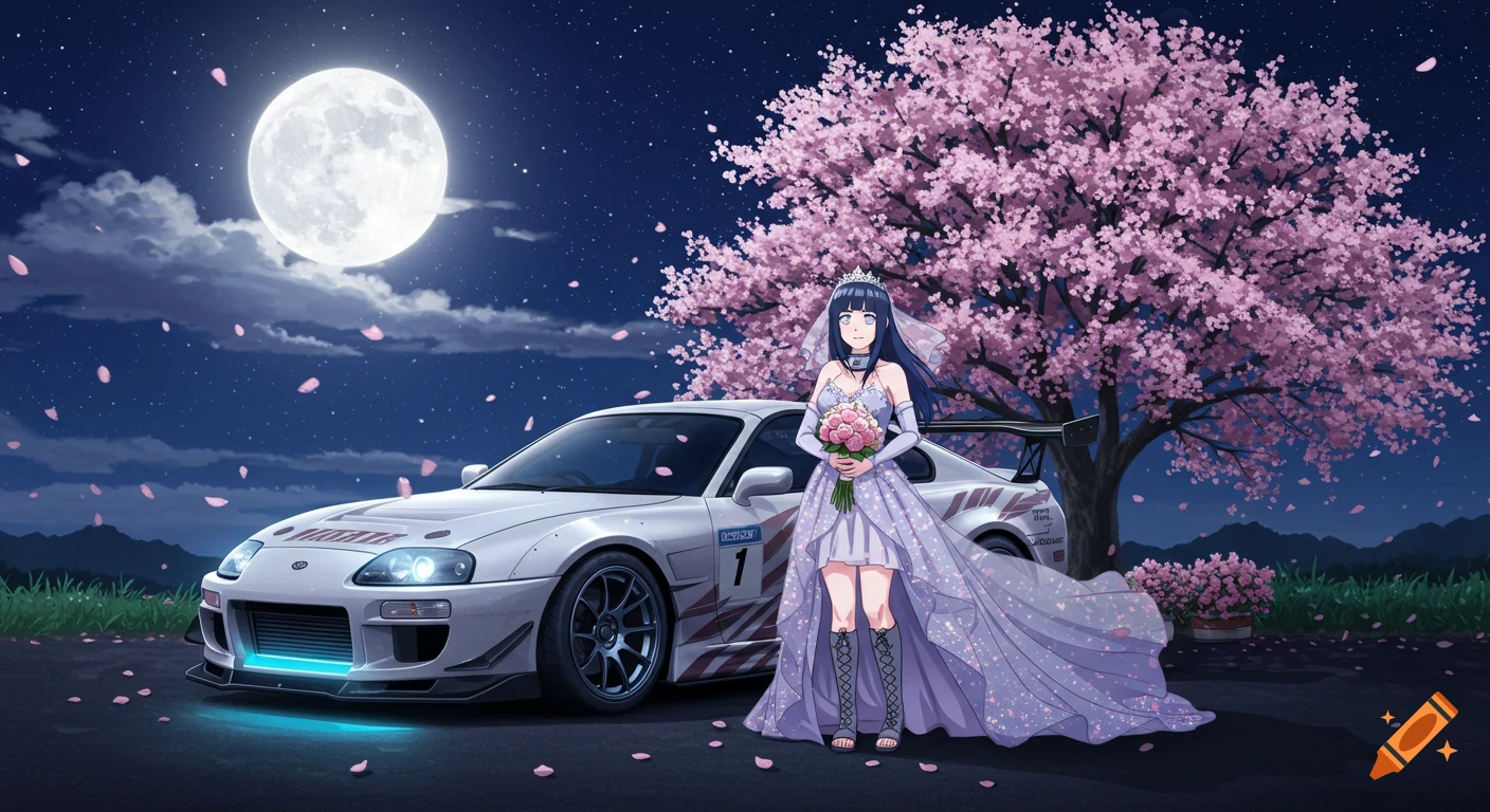 Anime character in a wedding dress next to a white race car under a cherry blossom tree and full moon at night.