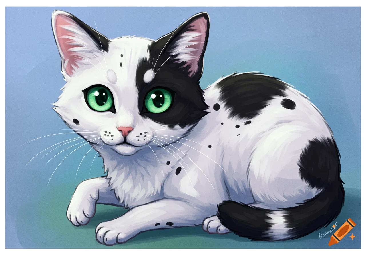 a white and black harlequin cat with green eyes lying down.
