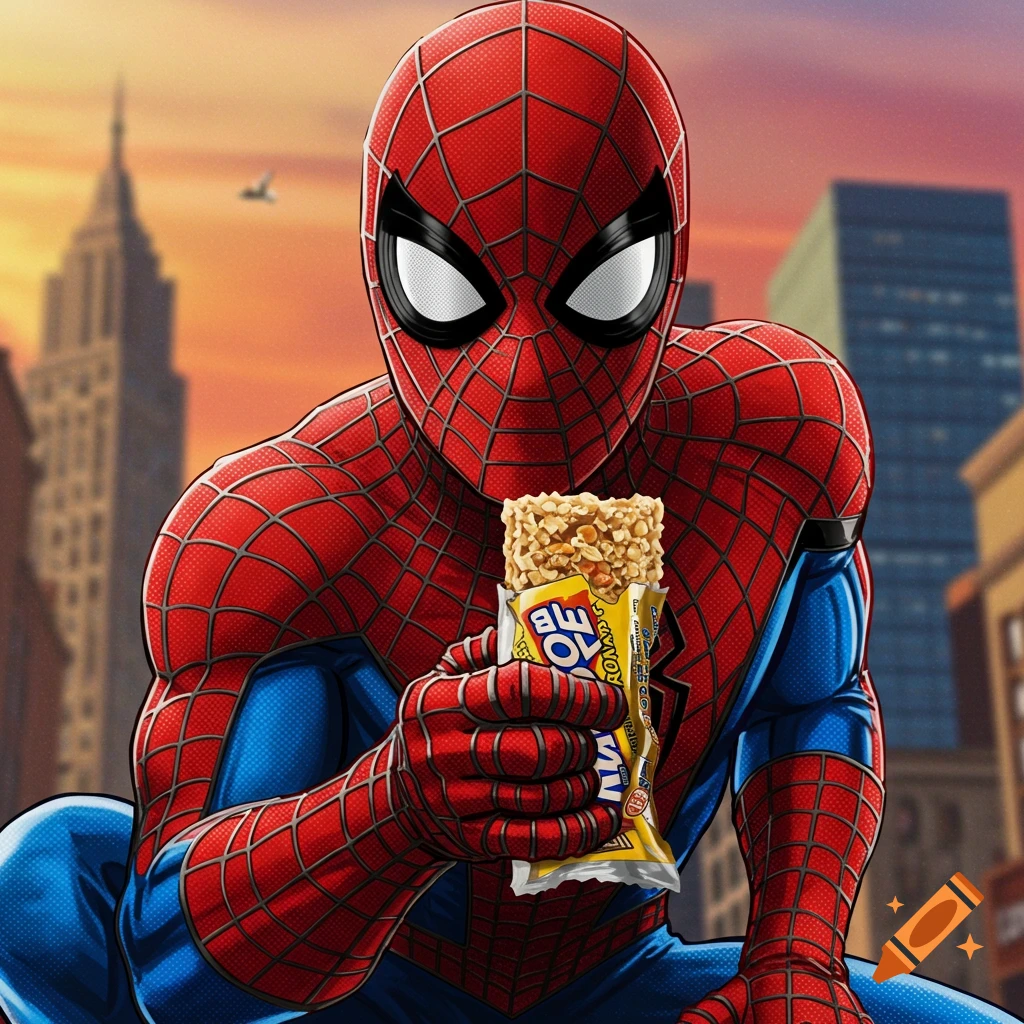 Spider-Man holding a granola bar in a city