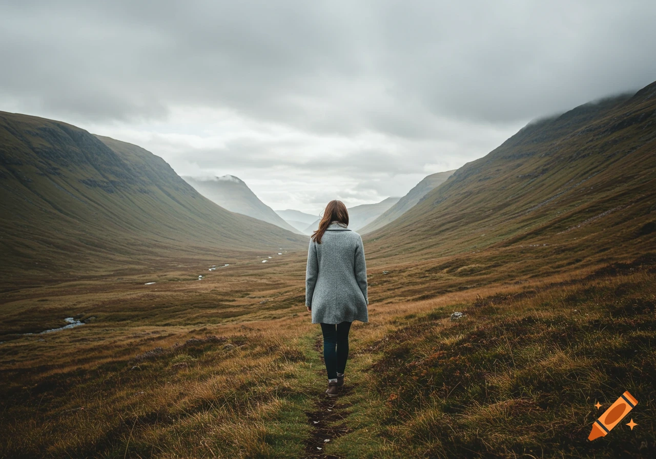 A person walks down a path into a misty valley between mountains.