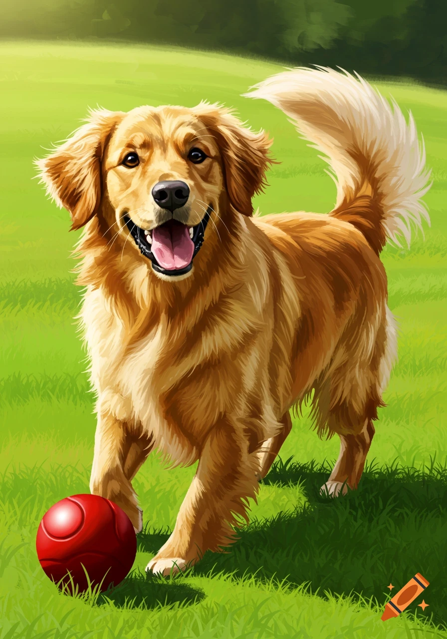 A golden retriever dog playing with a red ball in a grassy field.