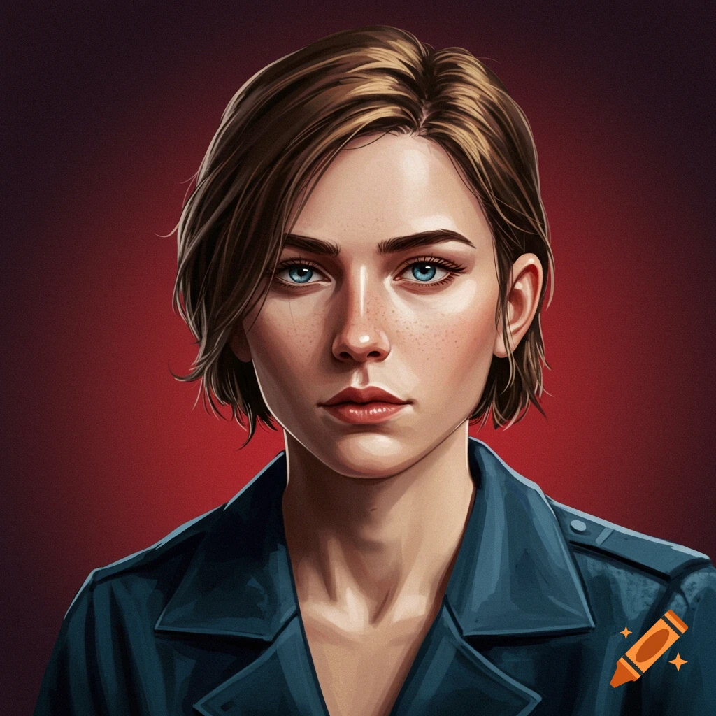 A young woman with short brown hair and blue eyes wears a blue jacket