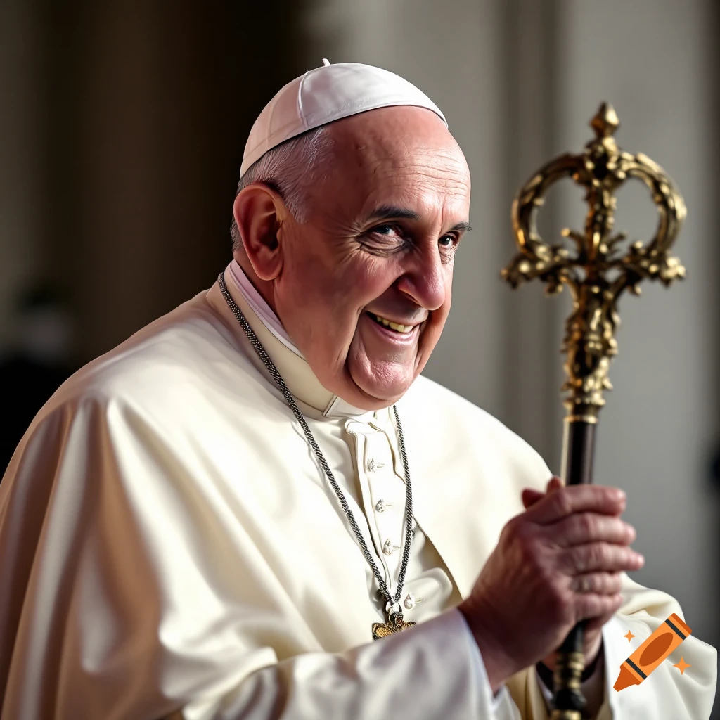 Photorealistic portrait of Pope Francis smiling and holding a staff.