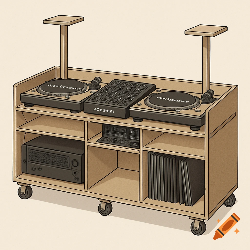 Illustration of a wooden DJ booth with two turntables, a mixer, a receiver, record storage, speaker stands, and wheels.