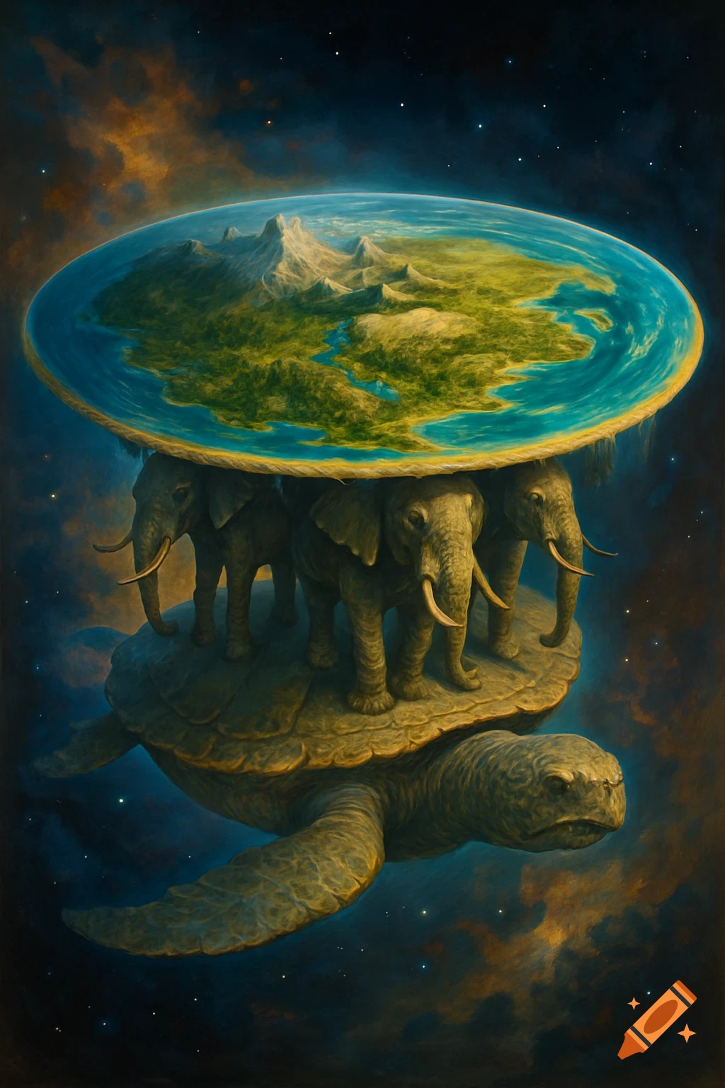 A large space turtle carries four elephants supporting a flat disc world with mountains and water.