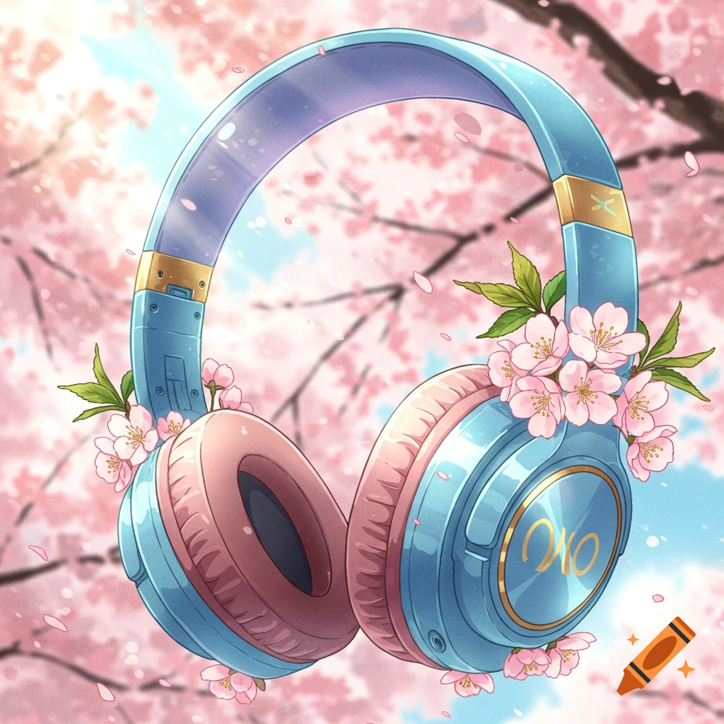 Anime style drawing of blue and pink headphones adorned with cherry blossoms, against a background of blurry pink trees.